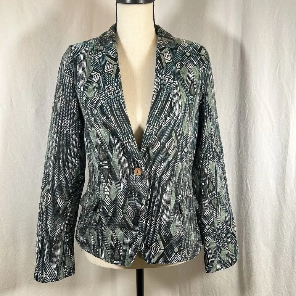 Acoté Anthropologie French Fabric Jacquard Blue Green Artsy Blazer Size 1 - XS-S